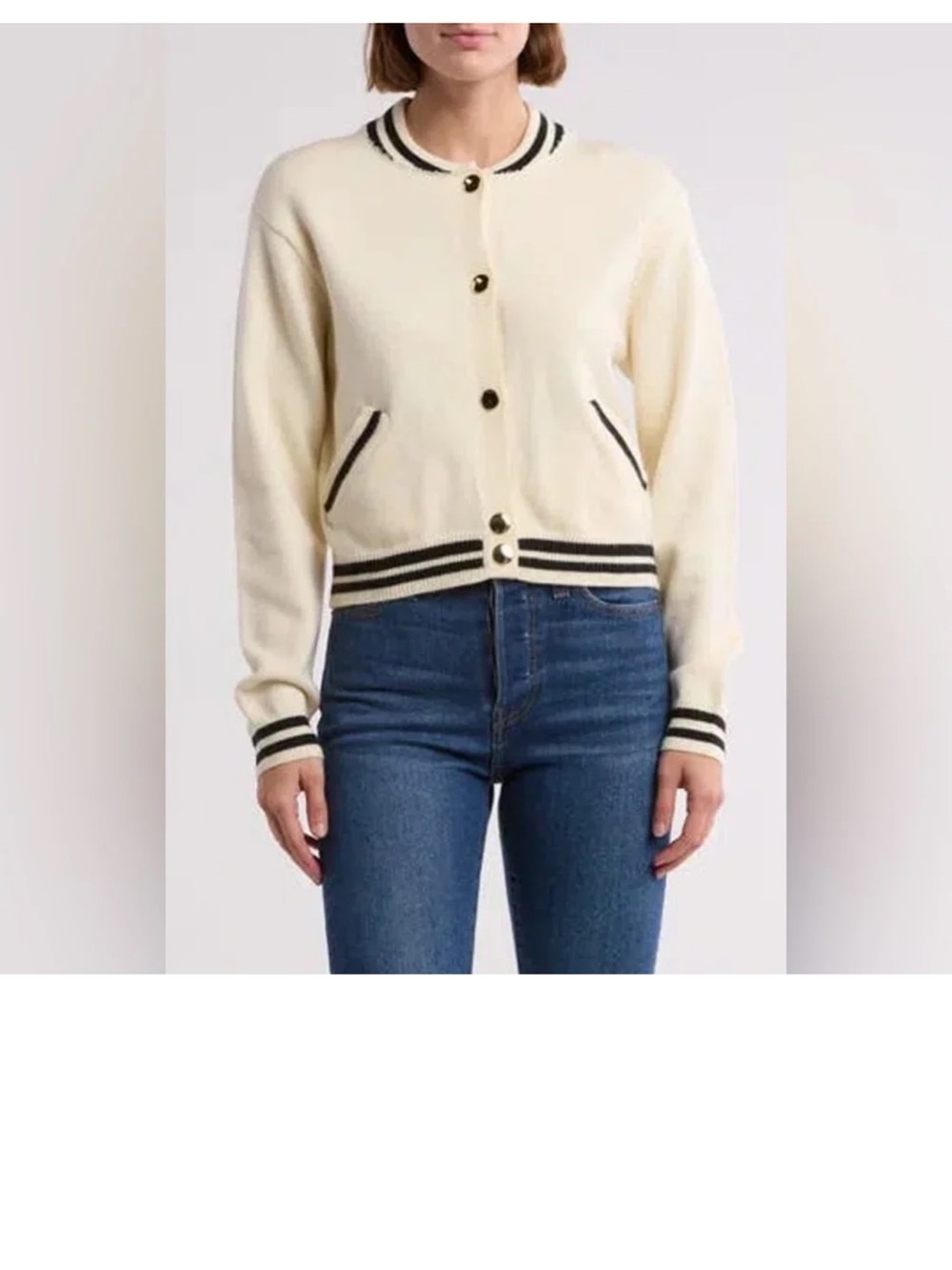 Vigoss Cream Varsity Button Front Jacket with Black Stripe Trim